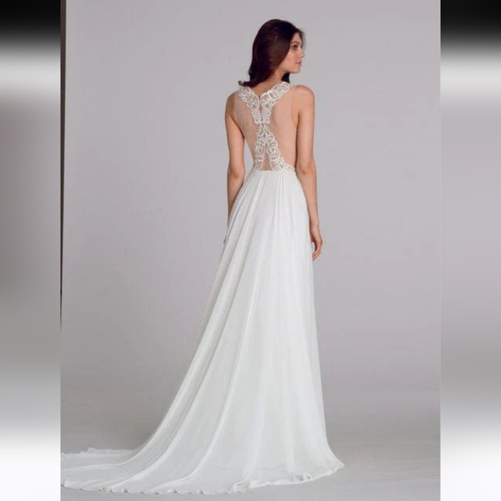 Tara Keely lace applique sheer ivory chiffon flowy wedding dress sz Small 2/4 - Picture 3 of 16